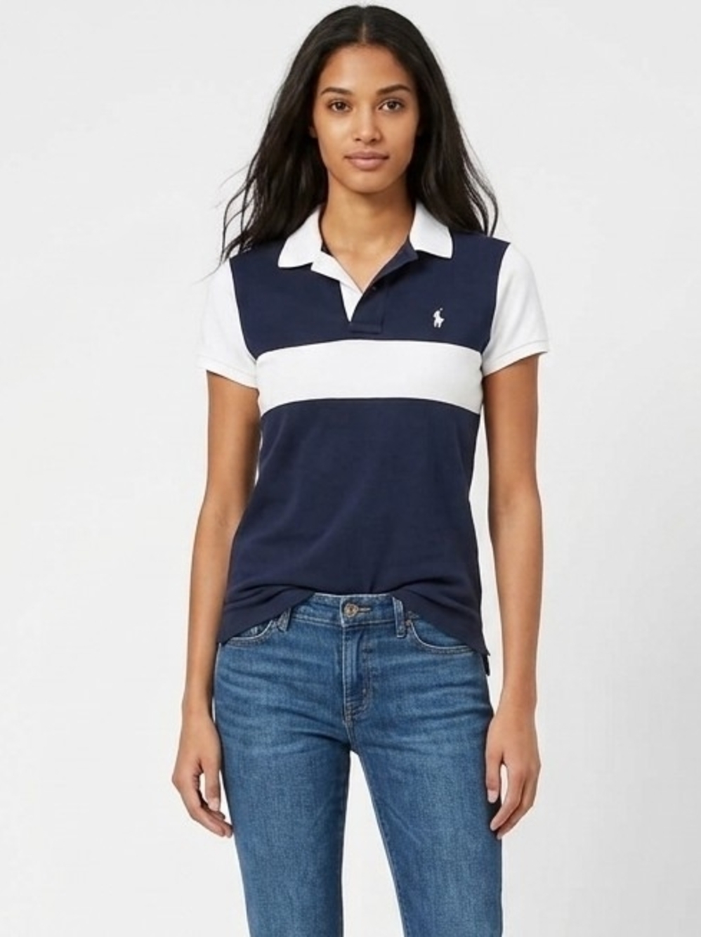 Vintage Ralph Lauren Preppy Striped Button-Front Polo Top In Navy/White - S